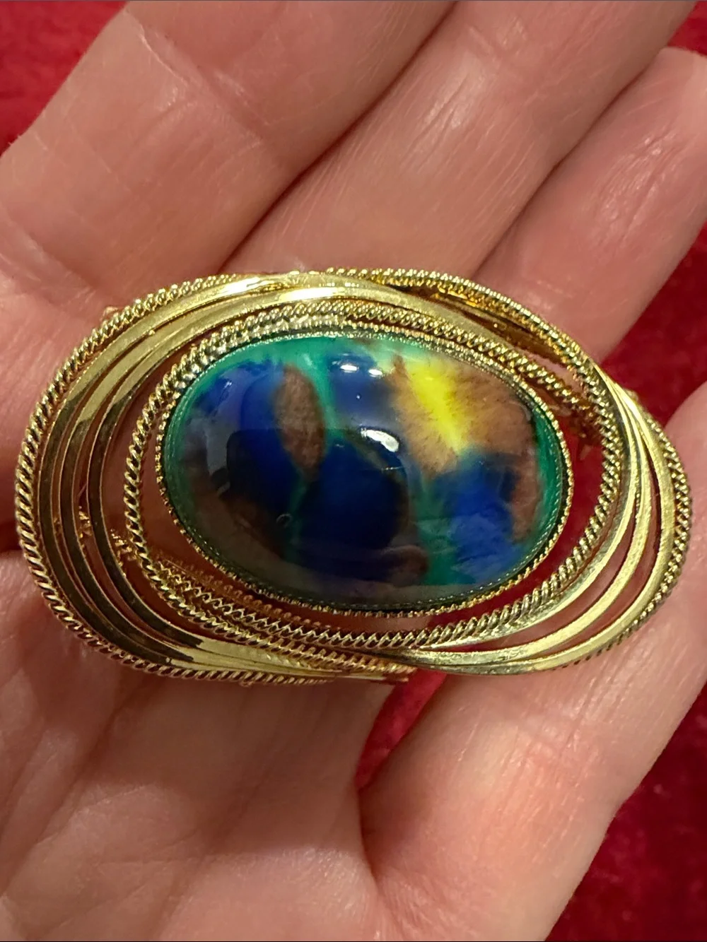 Gold-Tone Brooch with Multicolor Cabochon - Blue, Green & Yellow Accent